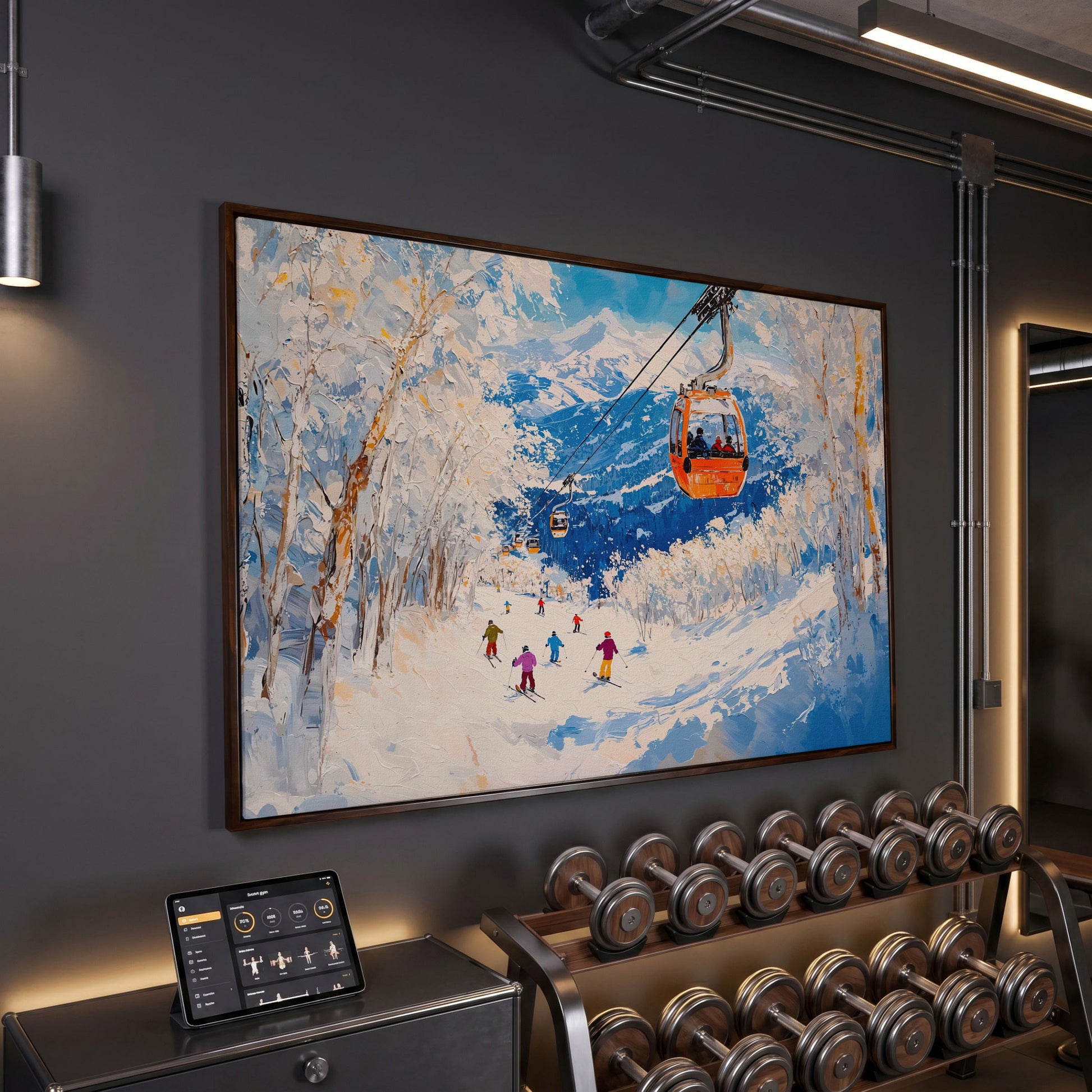 Snowy Mountain Ski Resort Canvas in dark walnut floating frame