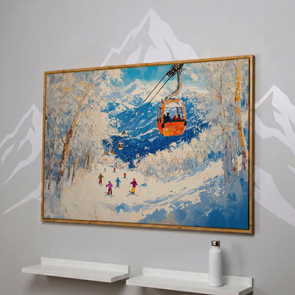 Snowy Mountain Ski Resort Canvas in white oak floating frame