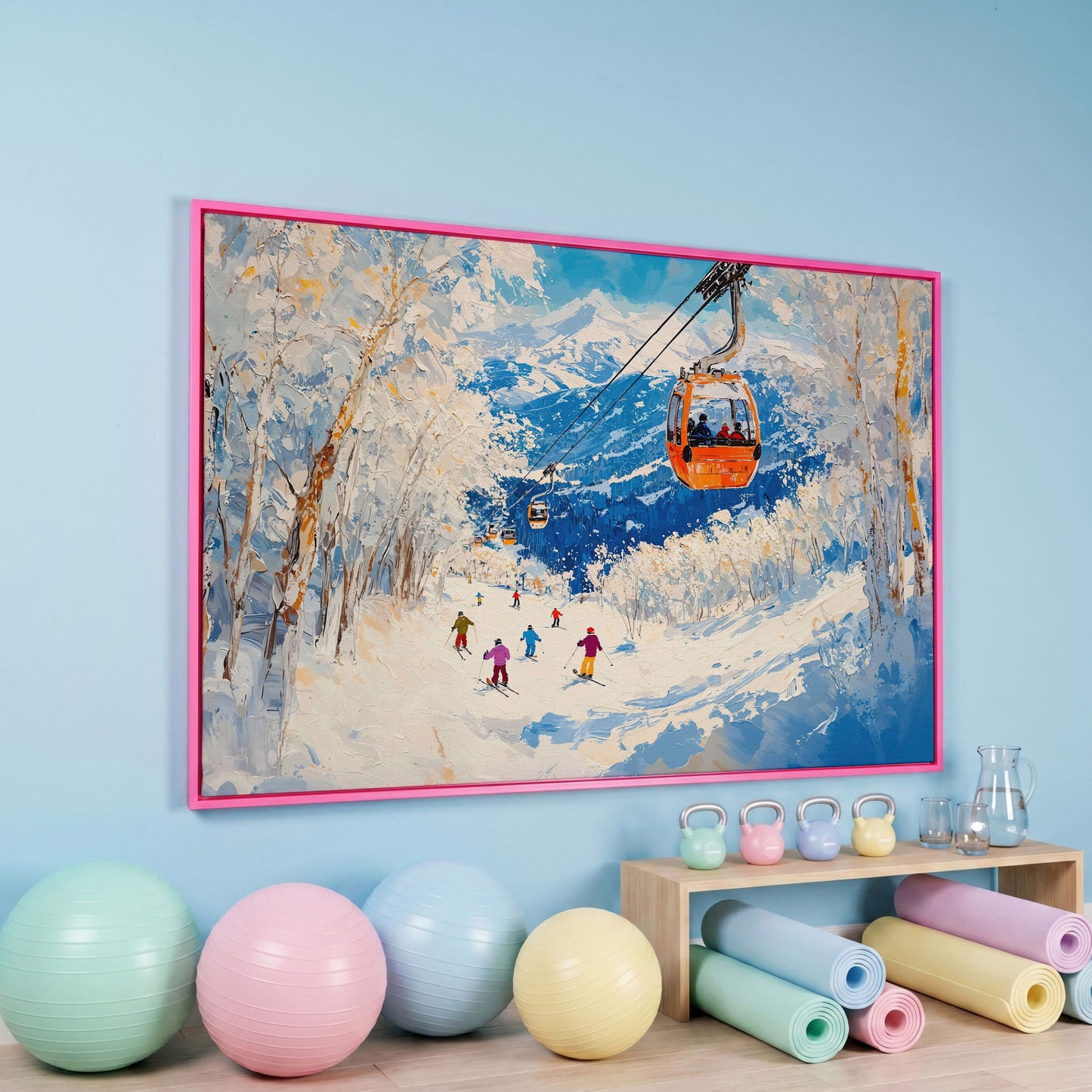 Snowy Mountain Ski Resort Canvas in pink floating frame