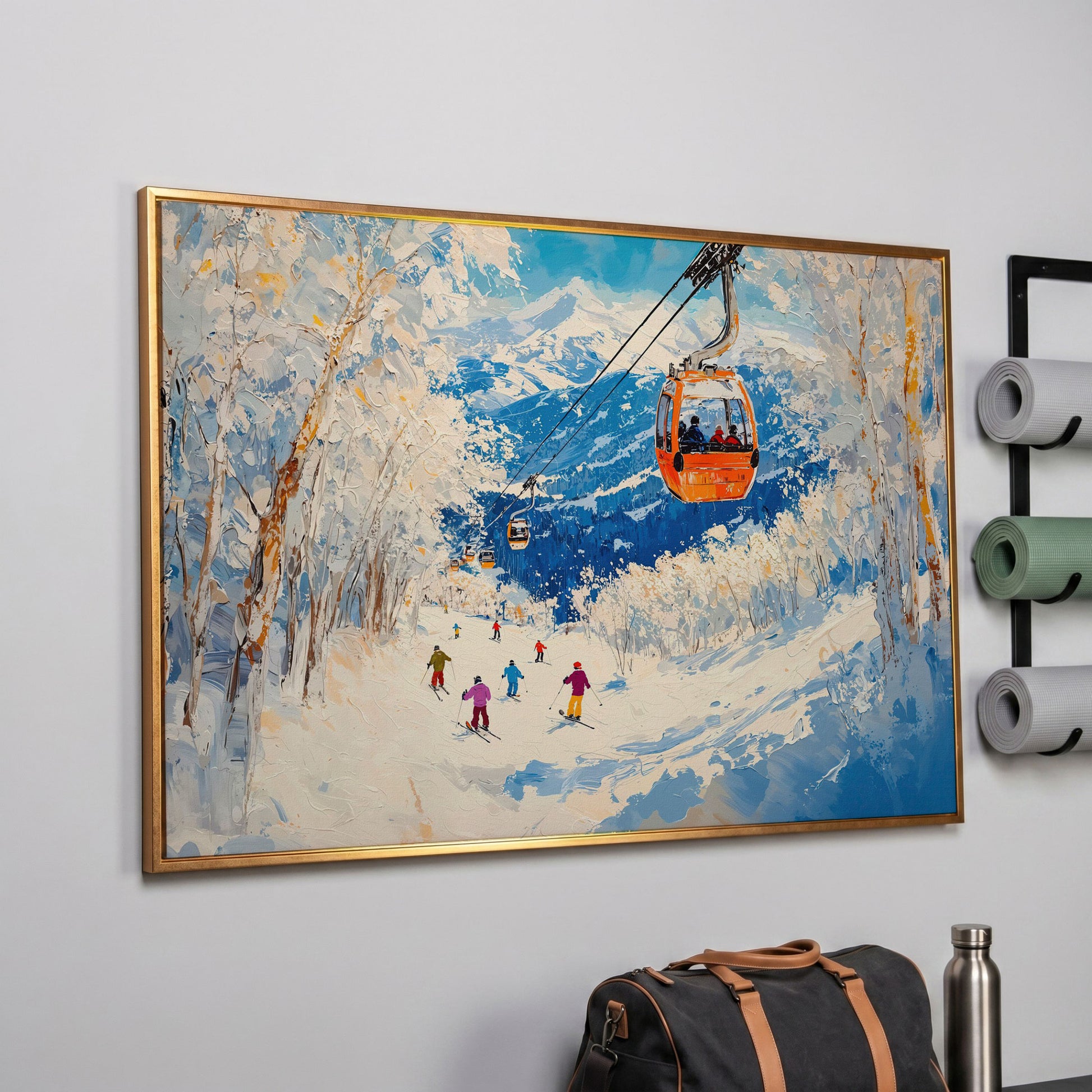 Snowy Mountain Ski Resort Canvas in rose gold floating frame