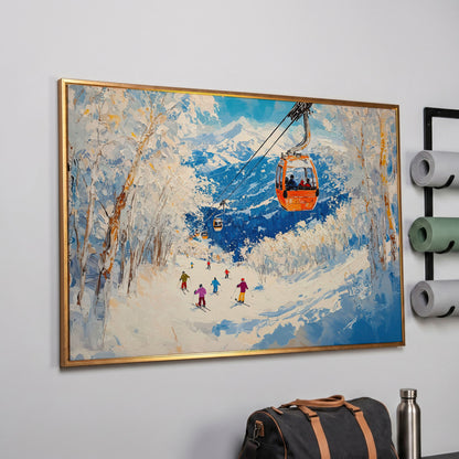 Snowy Mountain Ski Resort Canvas in rose gold floating frame