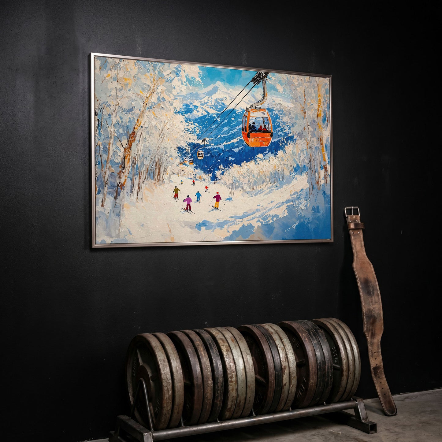 Snowy Mountain Ski Resort Canvas in silver floating frame