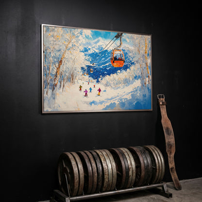 Snowy Mountain Ski Resort Canvas in silver floating frame