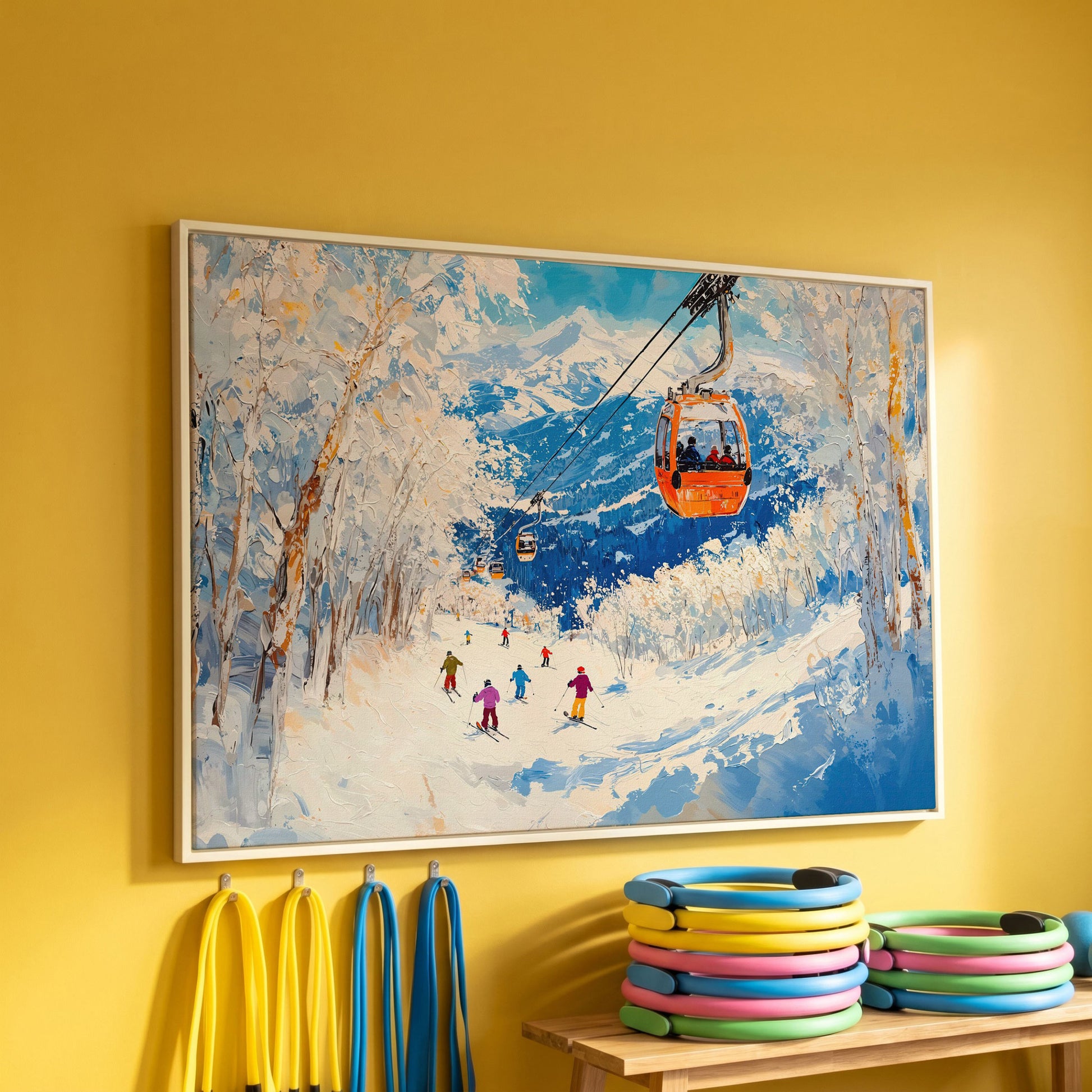 Snowy Mountain Ski Resort Canvas in white floating frame