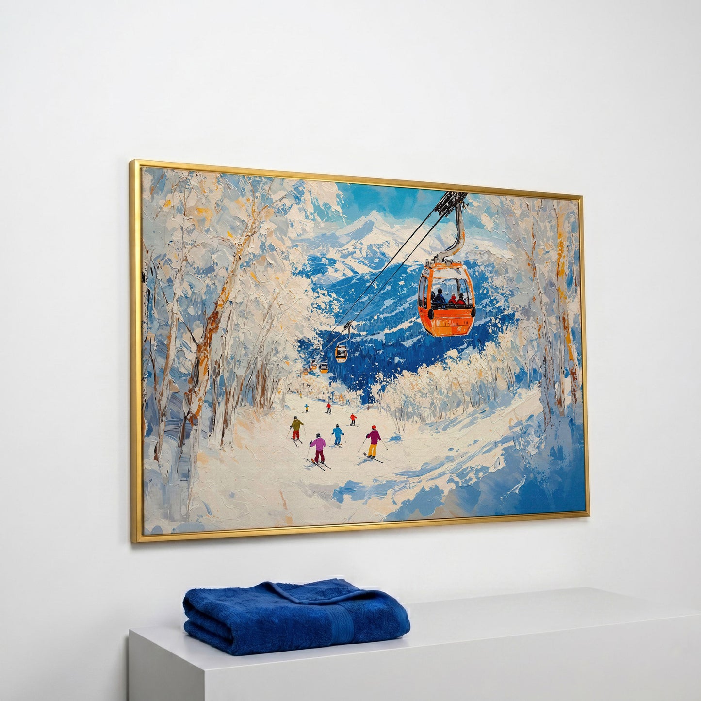 Snowy Mountain Ski Resort Canvas in yellow gold floating frame