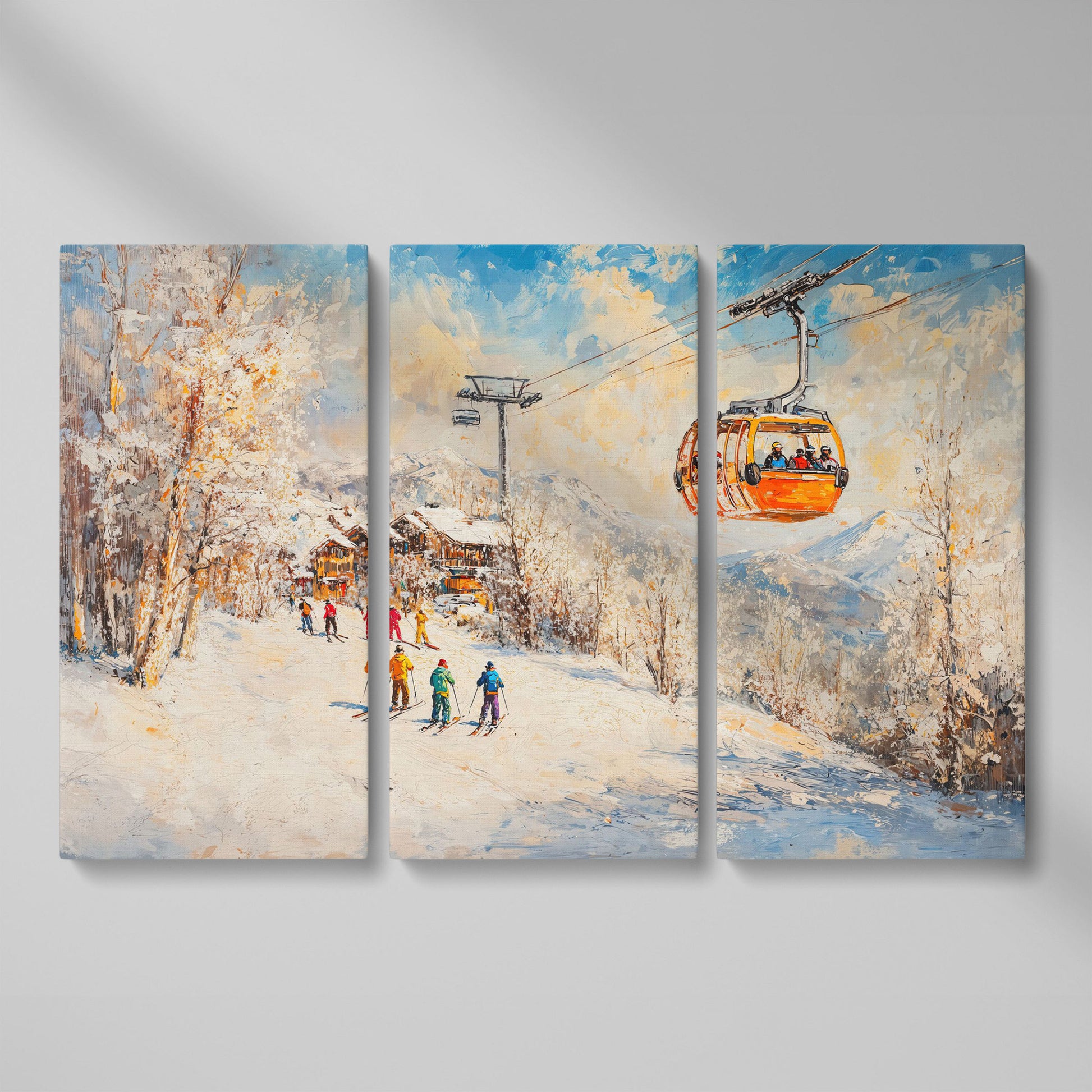 Ski Resort Village in Snow Canvas Art as 3-panel split version