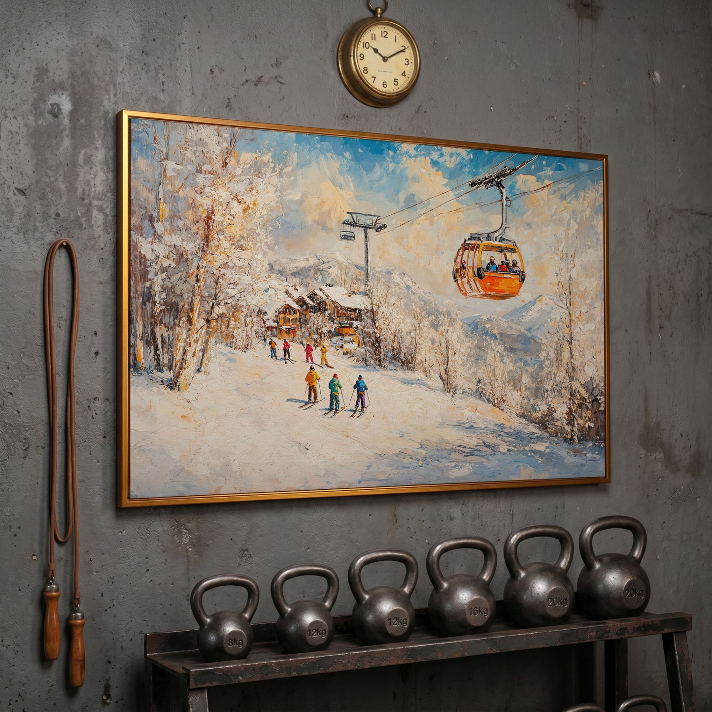 Ski Resort Village in Snow Canvas Art in antique gold floating frame