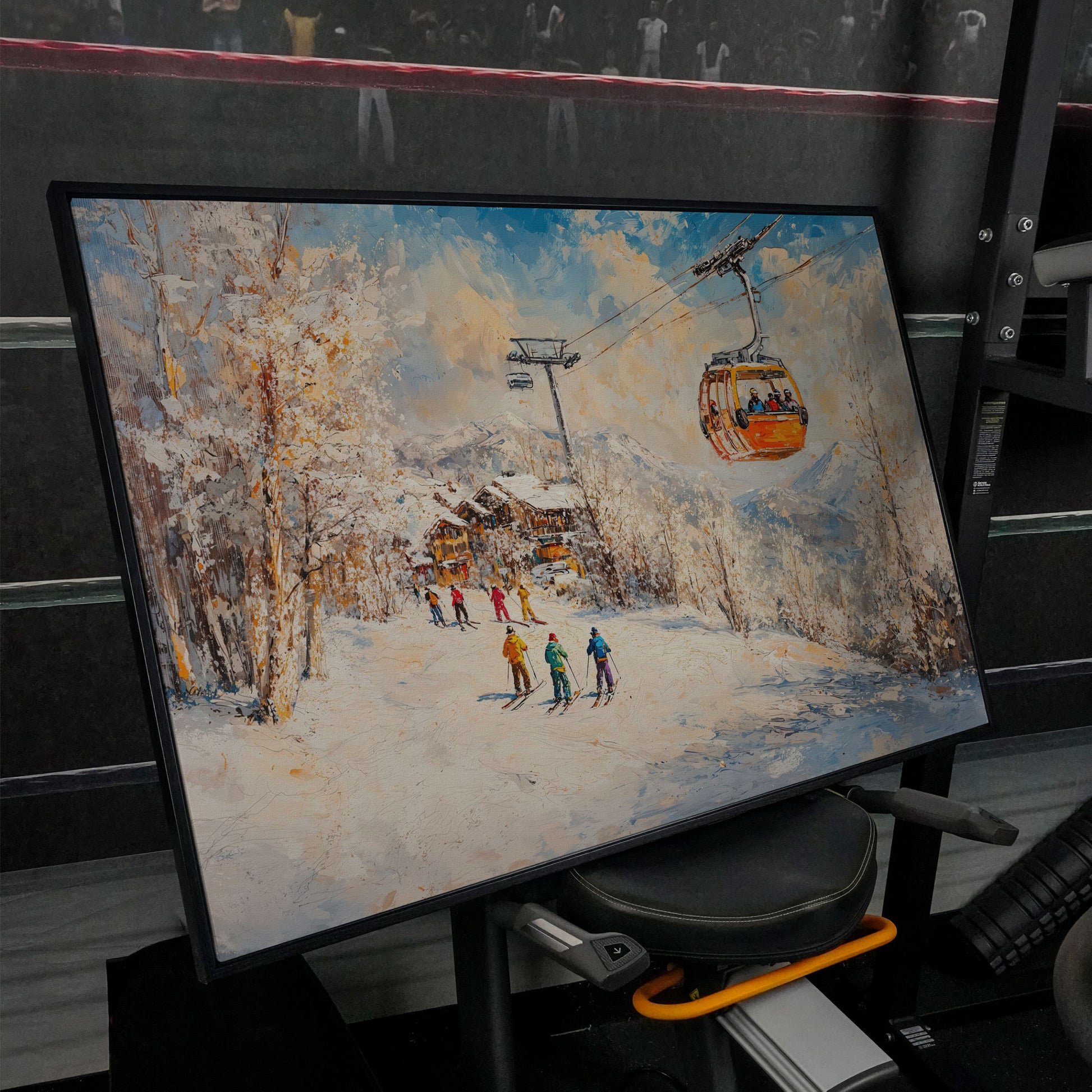 Ski Resort Village in Snow Canvas Art in black floating frame