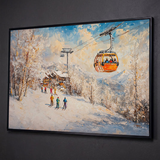 Ski Resort Village in Snow Canvas Art shown in black floating frame