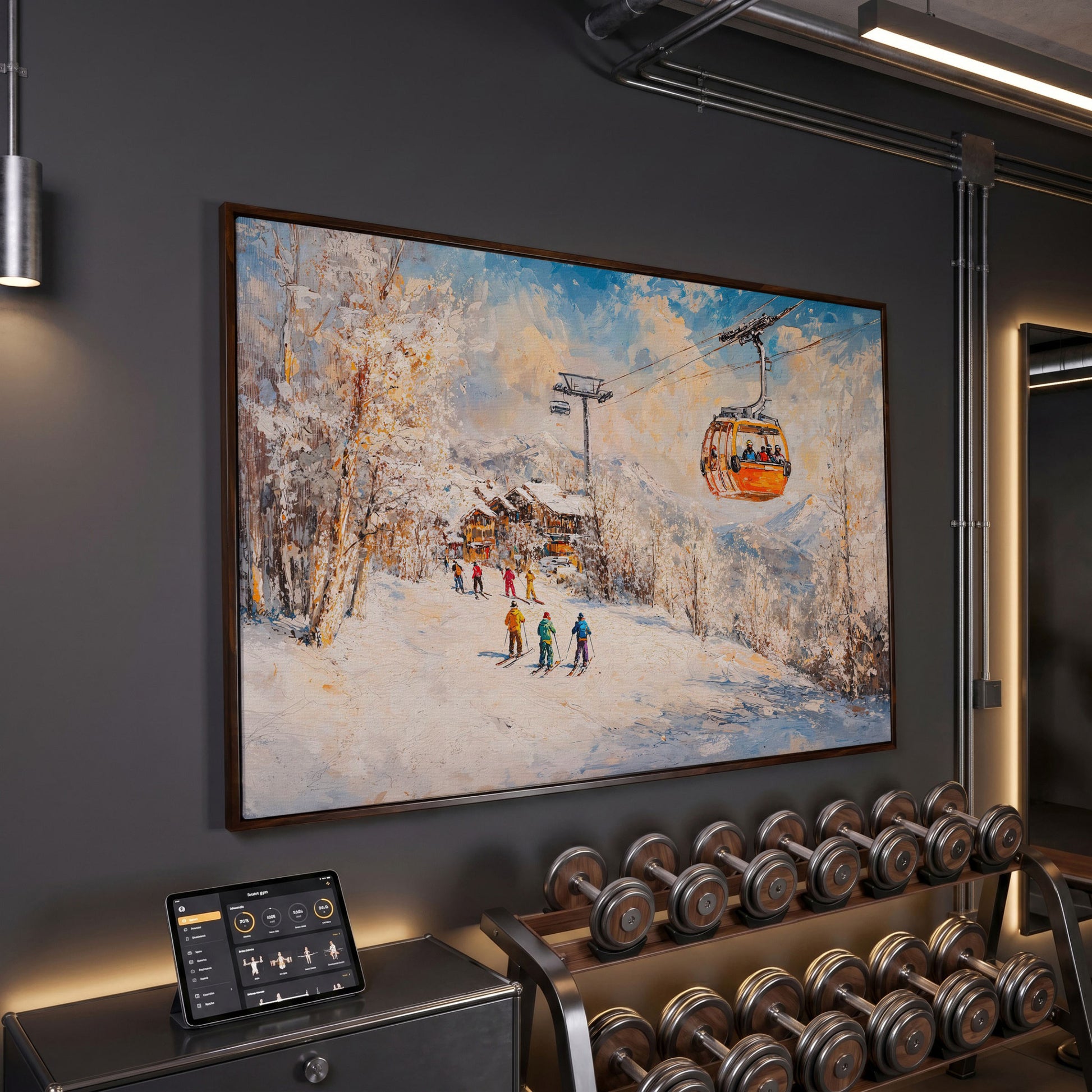 Ski Resort Village in Snow Canvas Art in dark walnut floating frame