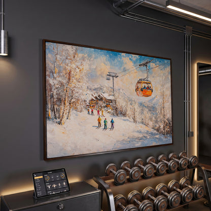 Ski Resort Village in Snow Canvas Art in dark walnut floating frame