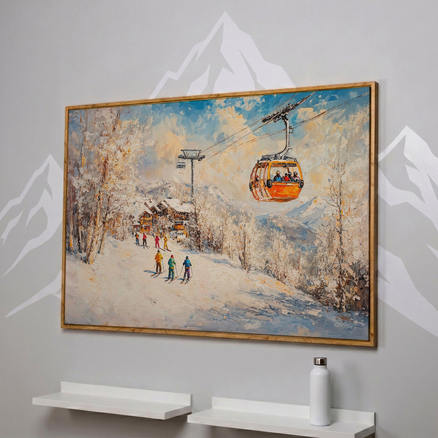 Ski Resort Village in Snow Canvas Art in white oak floating frame