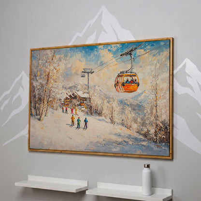 Ski Resort Village in Snow Canvas Art in white oak floating frame