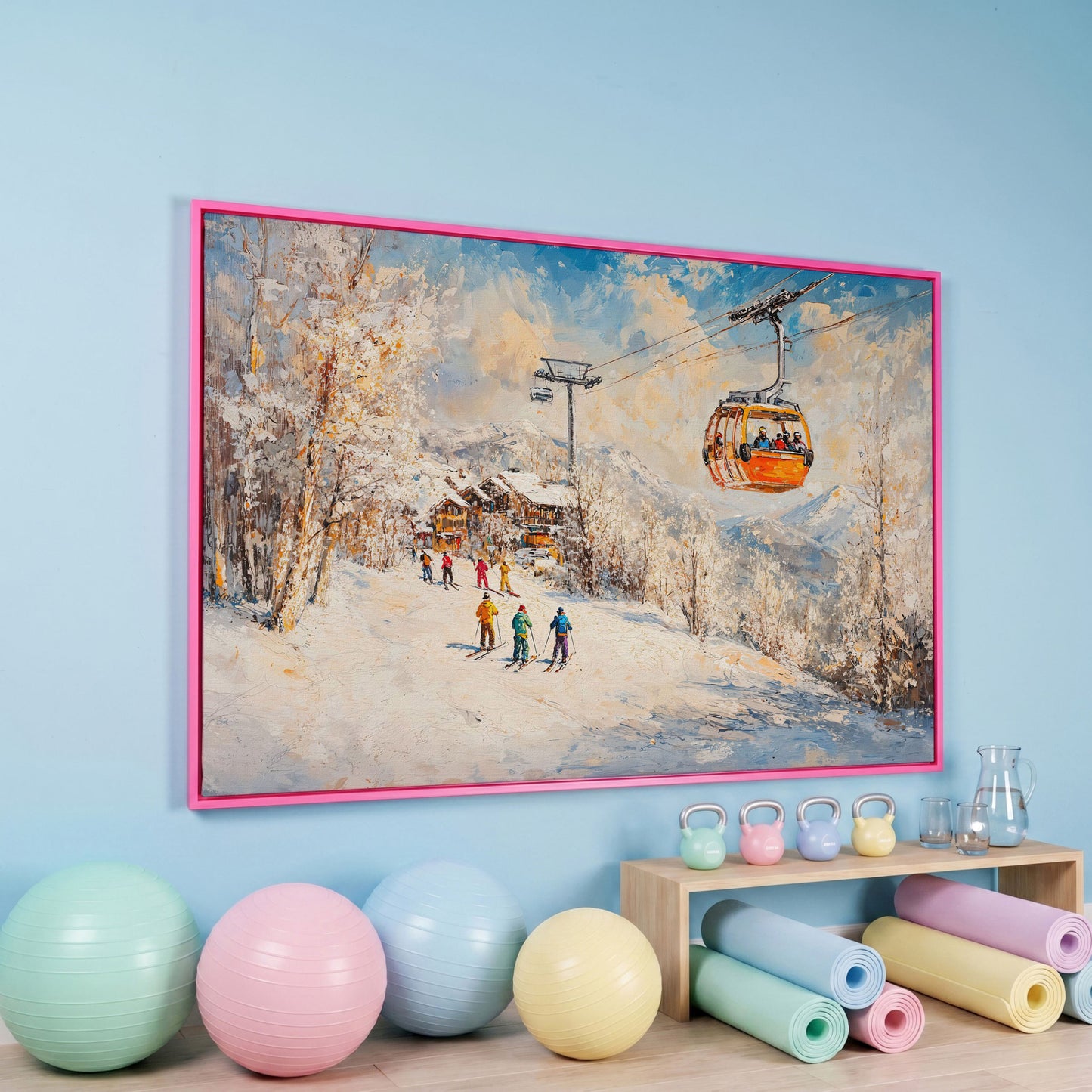Ski Resort Village in Snow Canvas Art in pink floating frame