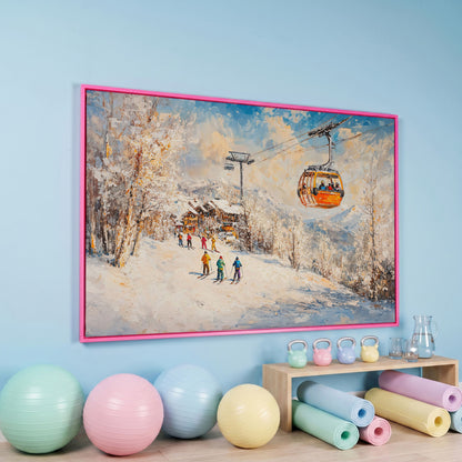 Ski Resort Village in Snow Canvas Art in pink floating frame
