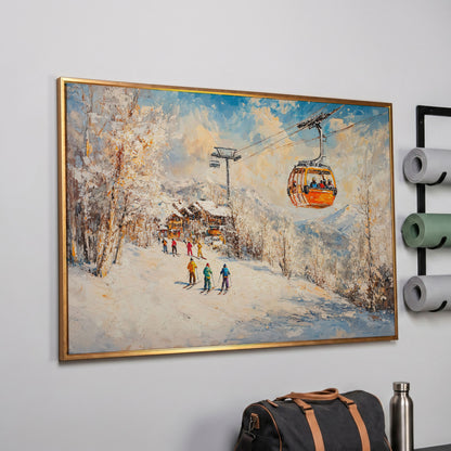 Ski Resort Village in Snow Canvas Art in rose gold floating frame