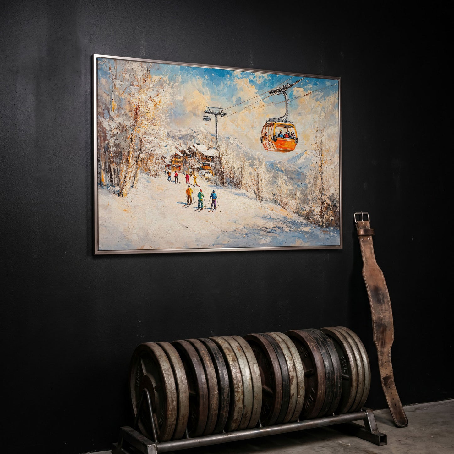 Ski Resort Village in Snow Canvas Art in silver floating frame
