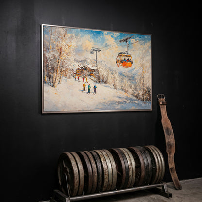 Ski Resort Village in Snow Canvas Art in silver floating frame