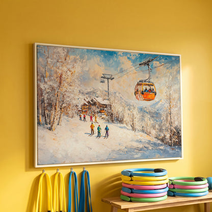Ski Resort Village in Snow Canvas Art in white floating frame