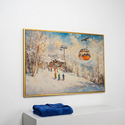 Ski Resort Village in Snow Canvas Art in yellow gold floating frame