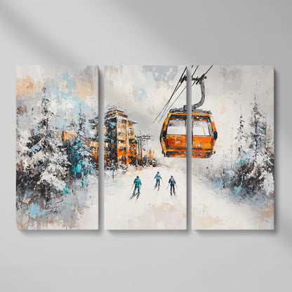 Snowy Ski Resort Canvas with Cozy Chalet View as 3-panel split version