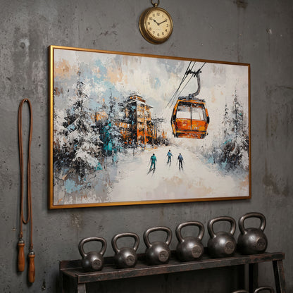 Snowy Ski Resort Canvas with Cozy Chalet View in antique gold floating frame