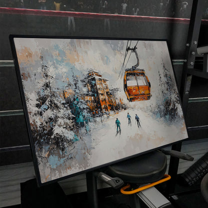 Snowy Ski Resort Canvas with Cozy Chalet View in black floating frame