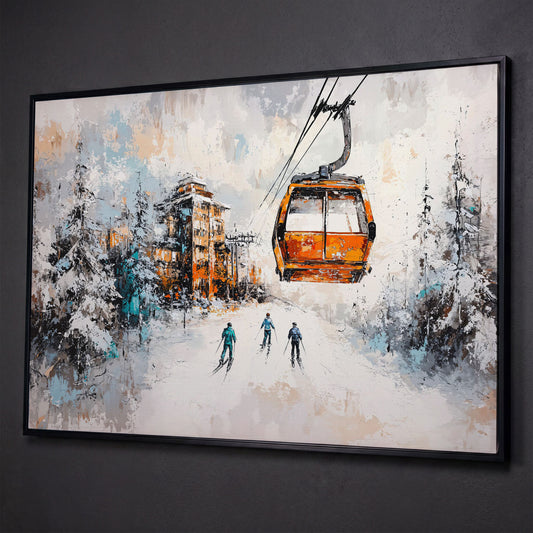 Snowy Ski Resort Canvas with Cozy Chalet View shown in black floating frame