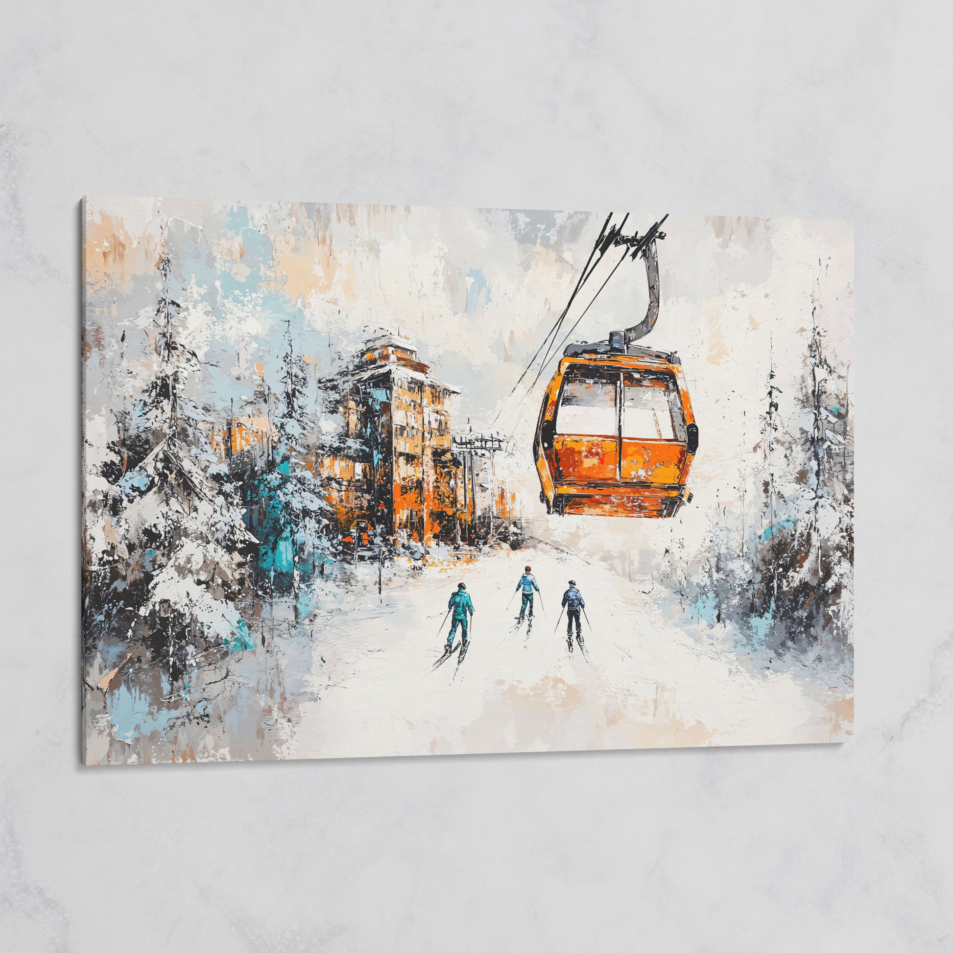 Snowy Ski Resort Canvas with Cozy Chalet View on gallery wrap