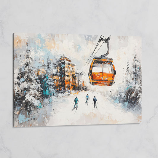 Snowy Ski Resort Canvas with Cozy Chalet View on gallery wrap