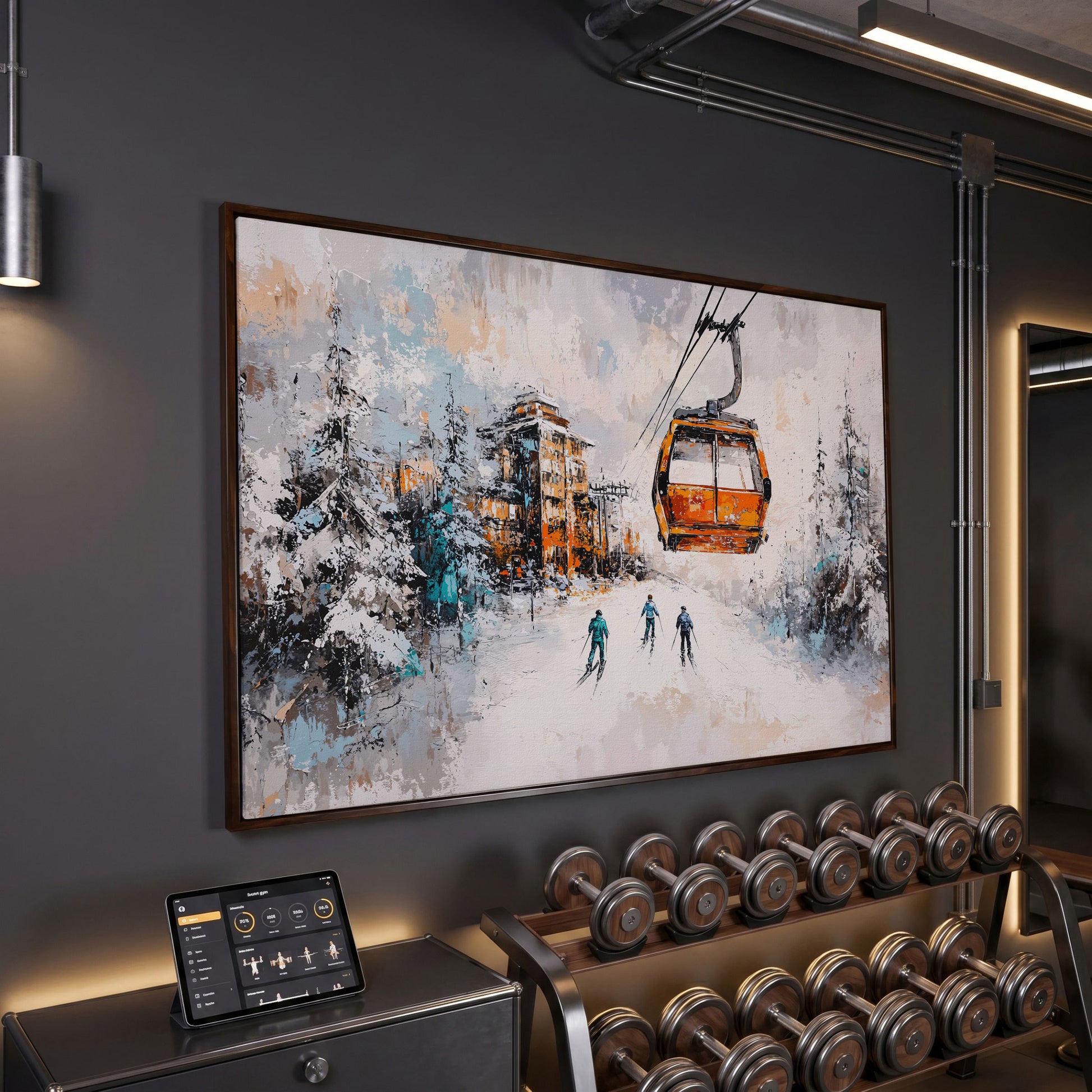 Snowy Ski Resort Canvas with Cozy Chalet View in dark walnut floating frame