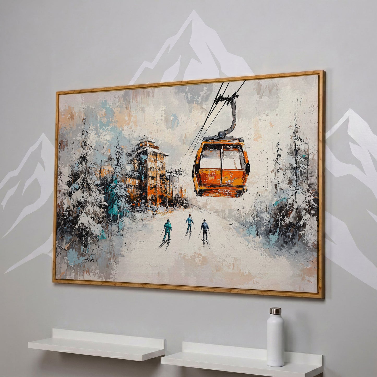 Snowy Ski Resort Canvas with Cozy Chalet View in white oak floating frame