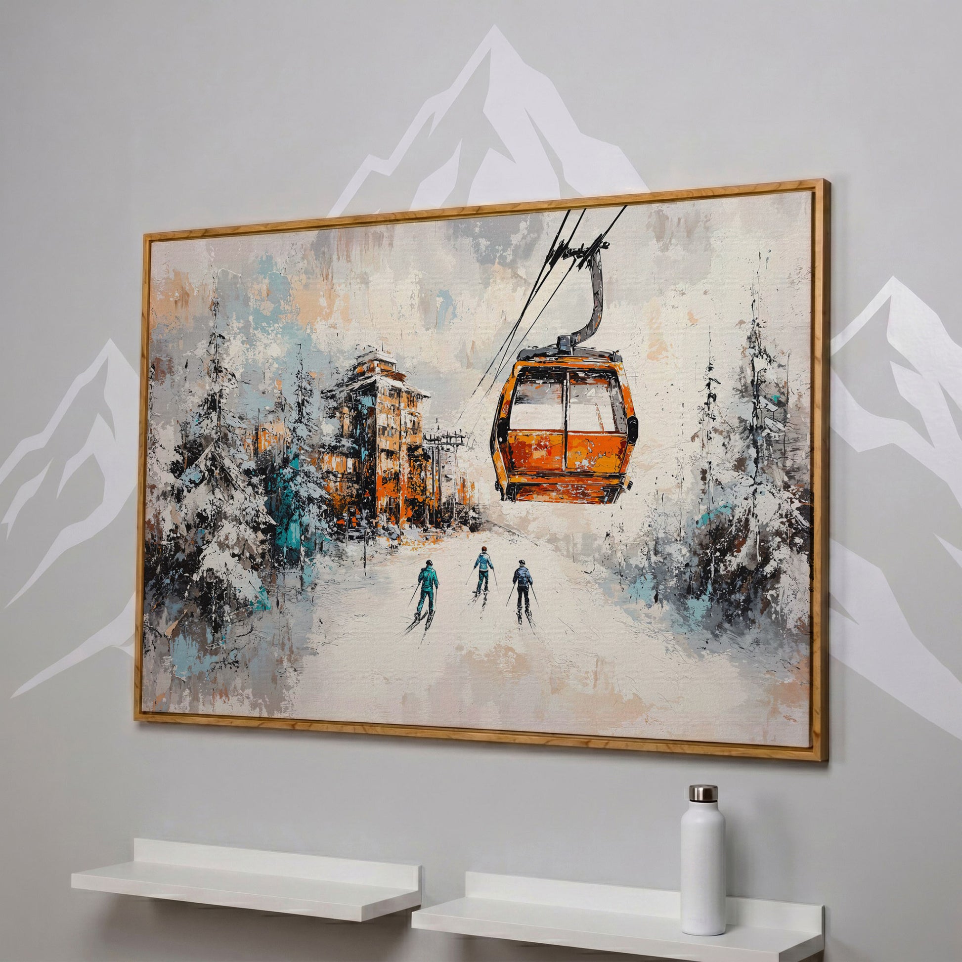 Snowy Ski Resort Canvas with Cozy Chalet View in white oak floating frame