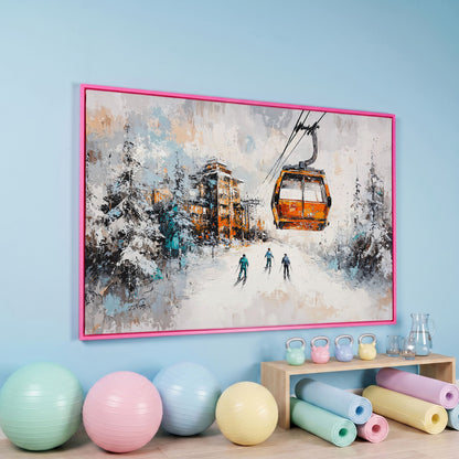 Snowy Ski Resort Canvas with Cozy Chalet View in pink floating frame