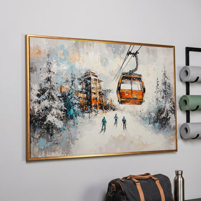 Snowy Ski Resort Canvas with Cozy Chalet View in rose gold floating frame