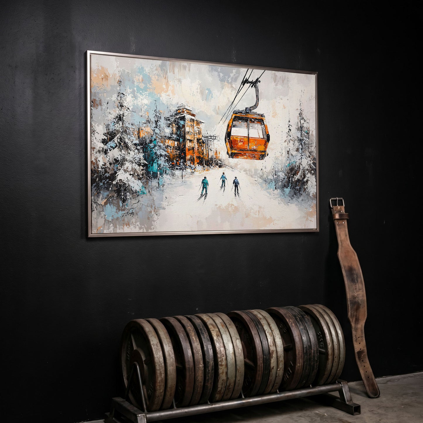 Snowy Ski Resort Canvas with Cozy Chalet View in silver floating frame