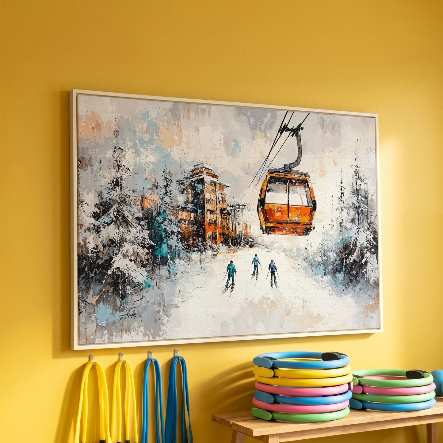 Snowy Ski Resort Canvas with Cozy Chalet View in white floating frame