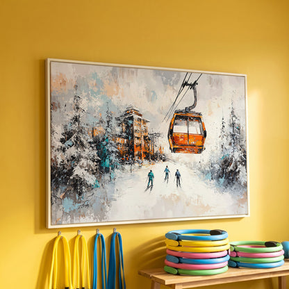 Snowy Ski Resort Canvas with Cozy Chalet View in white floating frame