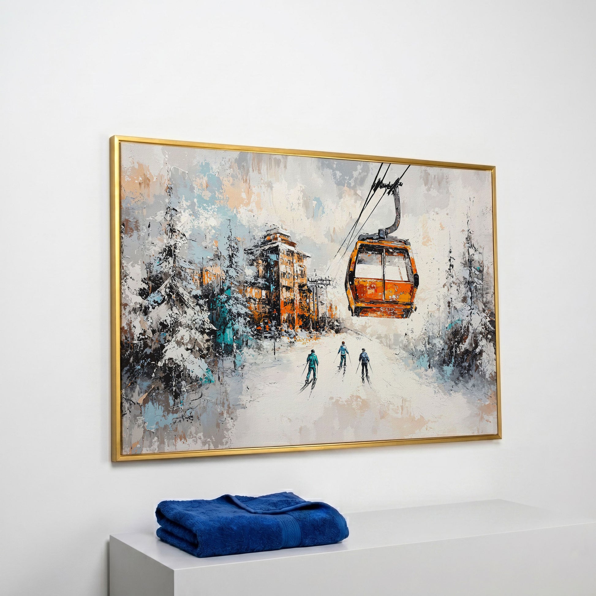 Snowy Ski Resort Canvas with Cozy Chalet View in yellow gold floating frame