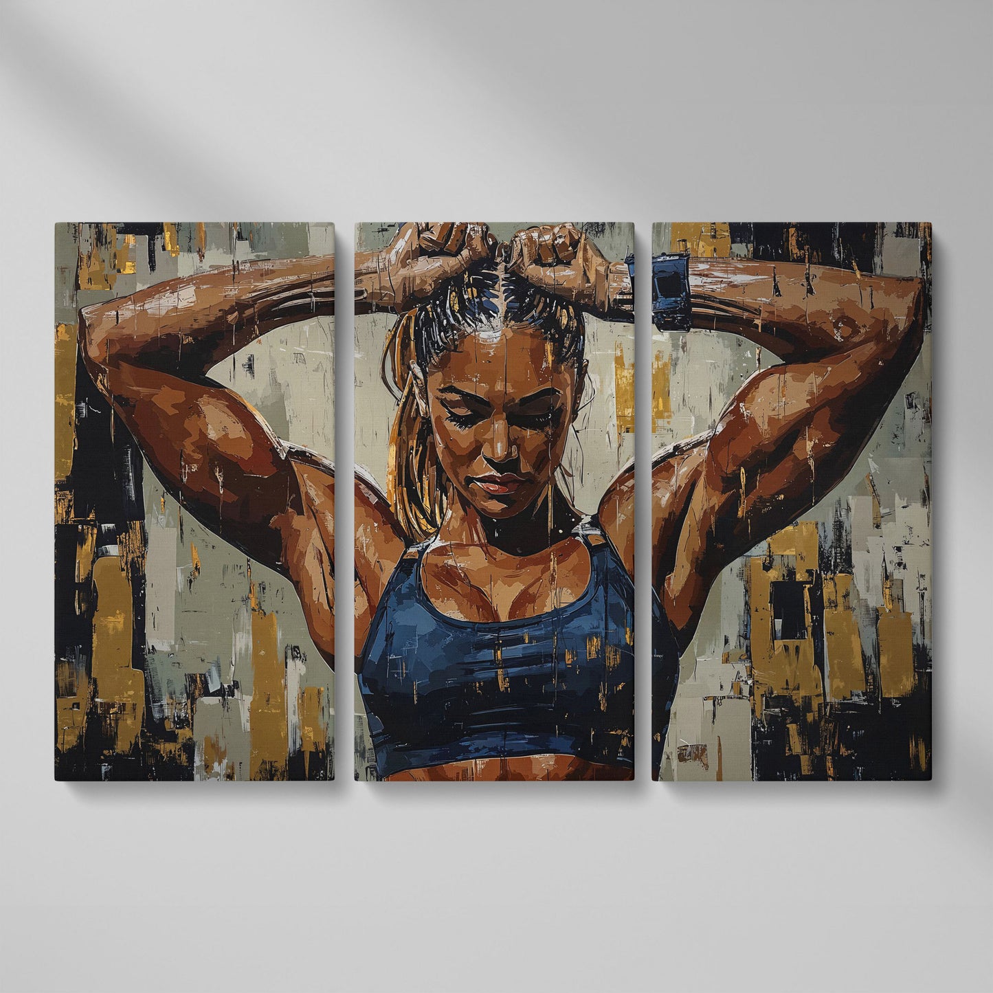 Muscular Strength Woman Portrait Canvas Print as 3-panel split version
