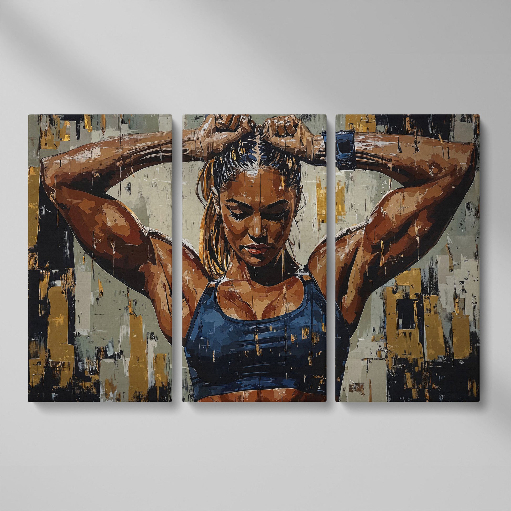 Muscular Strength Woman Portrait Canvas Print as 3-panel split version