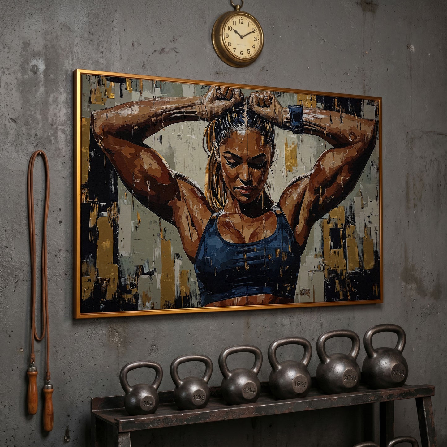Muscular Strength Woman Portrait Canvas Print in antique gold floating frame
