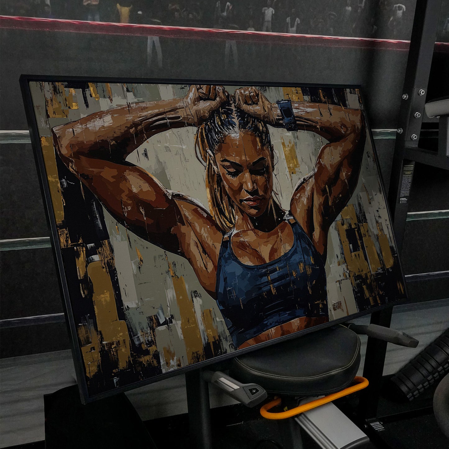 Muscular Strength Woman Portrait Canvas Print in black floating frame