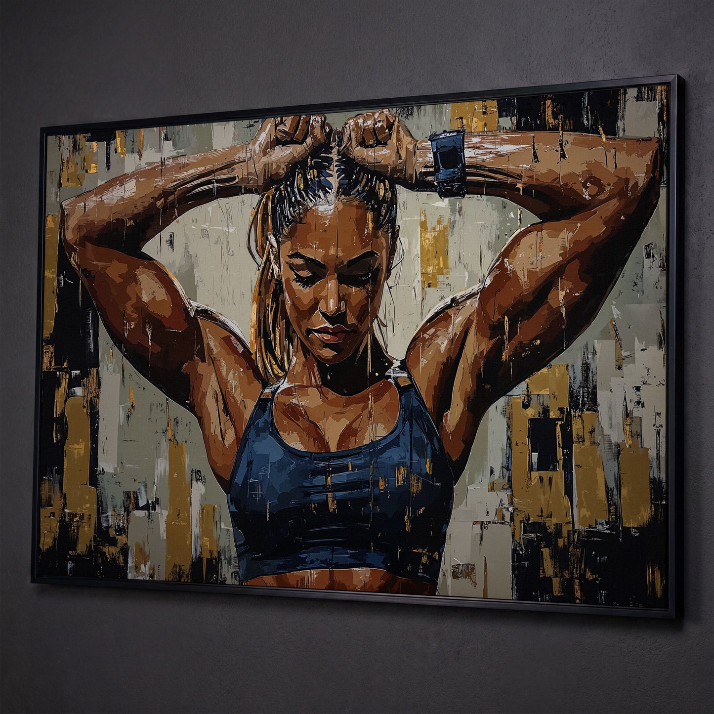 Muscular Strength Woman Portrait Canvas Print shown in black floating frame