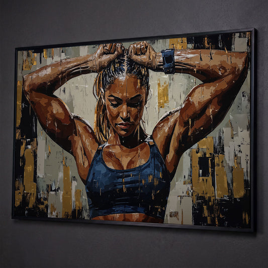Muscular Strength Woman Portrait Canvas Print shown in black floating frame
