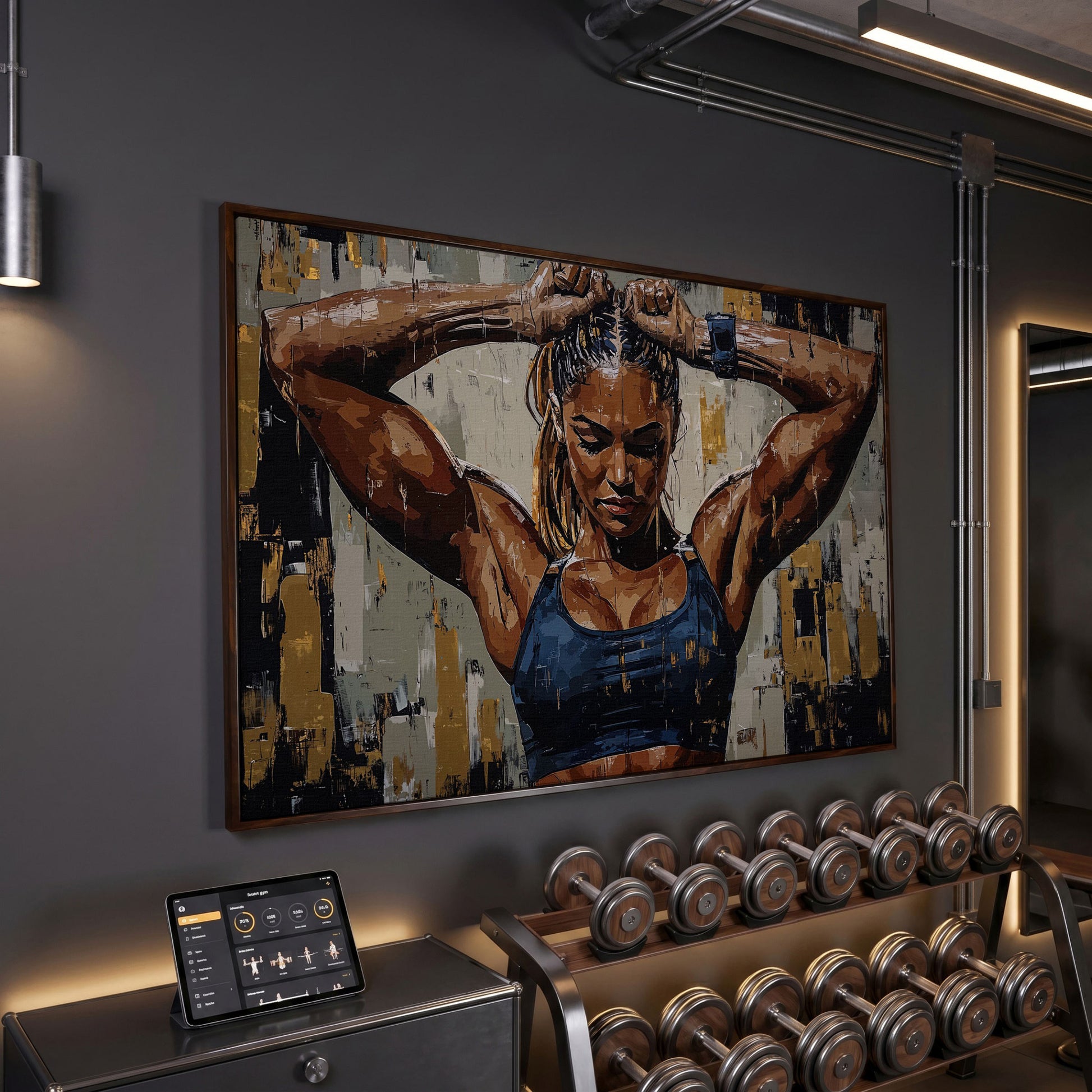 Muscular Strength Woman Portrait Canvas Print in dark walnut floating frame