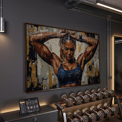 Muscular Strength Woman Portrait Canvas Print in dark walnut floating frame