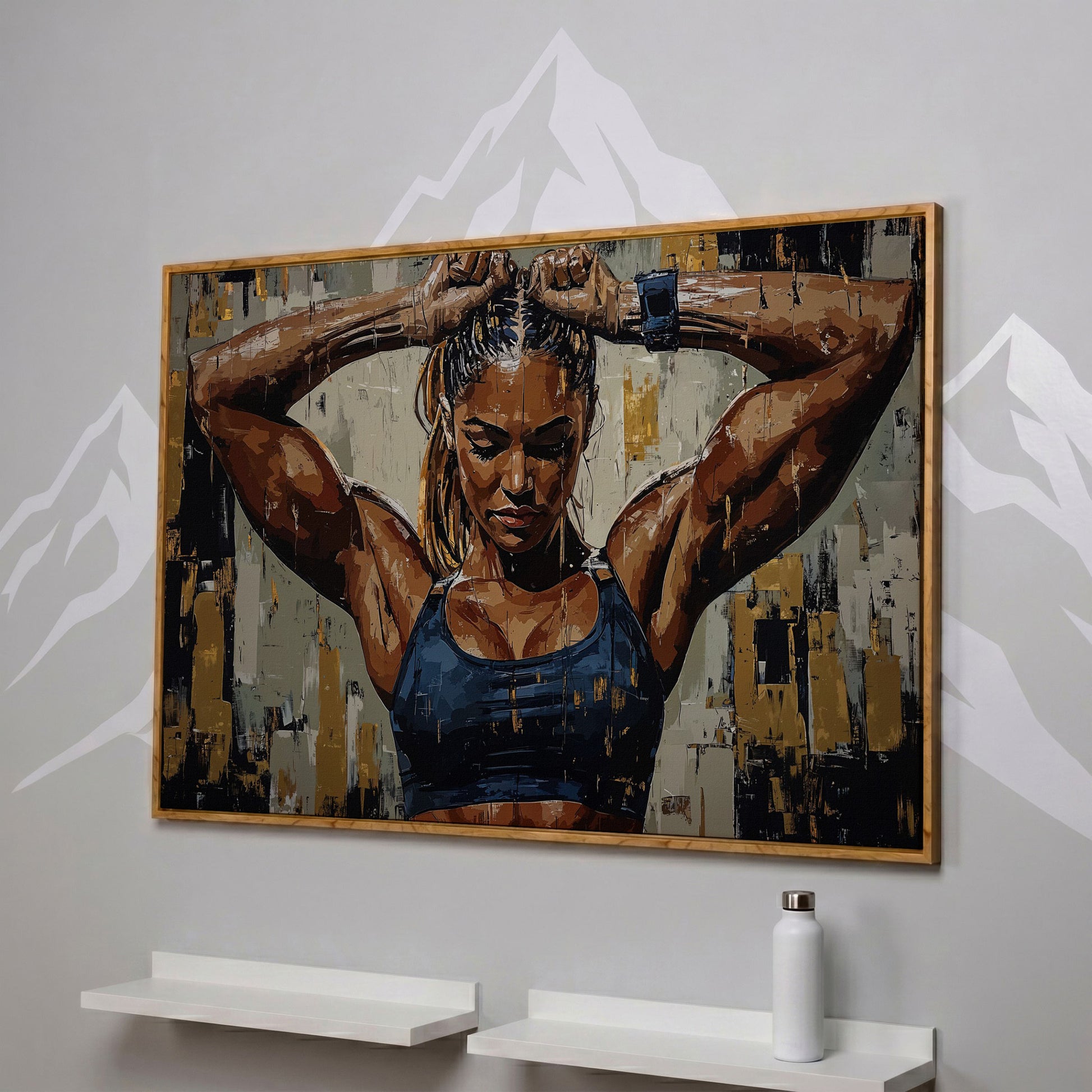 Muscular Strength Woman Portrait Canvas Print in white oak floating frame