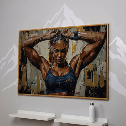Muscular Strength Woman Portrait Canvas Print in white oak floating frame