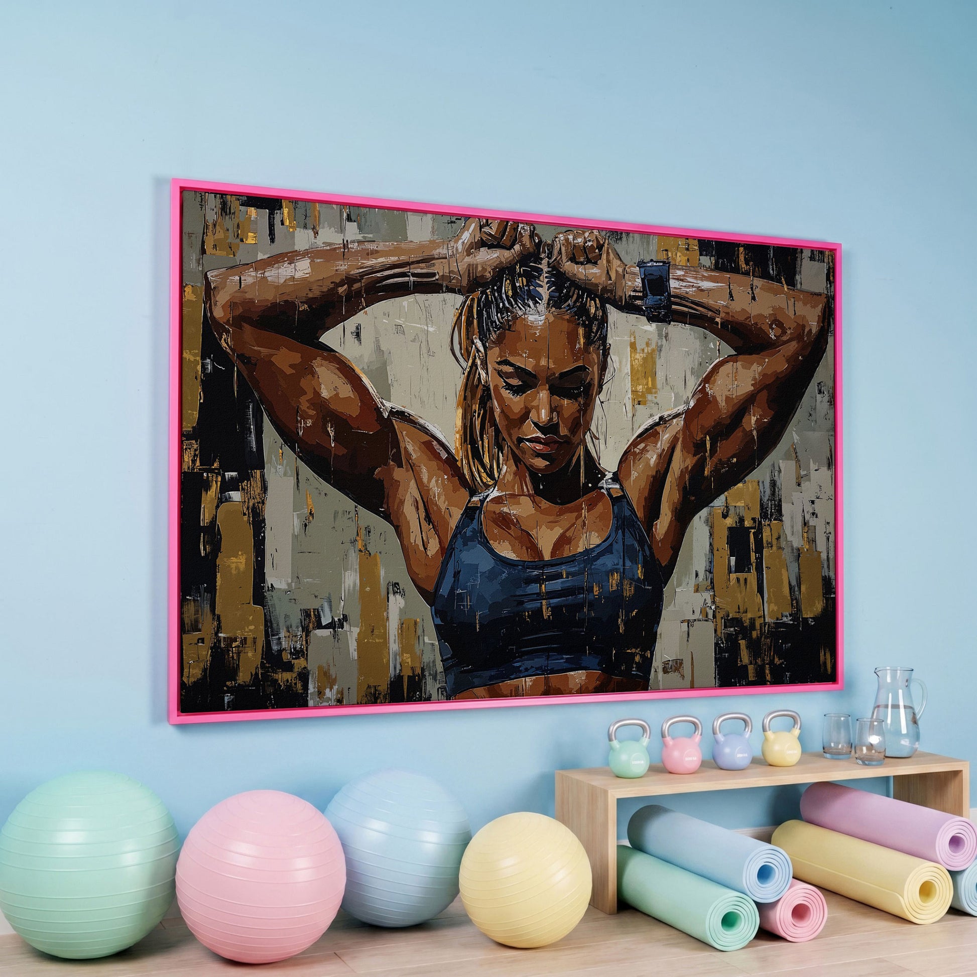 Muscular Strength Woman Portrait Canvas Print in pink floating frame